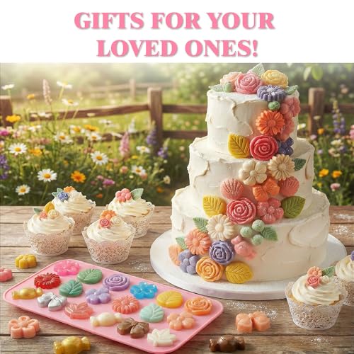Flower Candy Molds Silicone 2PCS, KKDINDAN 9 Shapes Bite Size Chocolate Molds, Food Grade Spring Rose Daisy Flower Mold Bow Leaf Gummy Molds for Ice Jello Soap Cookie Dessert Melt - size: Flower Molds 2 Pcs
