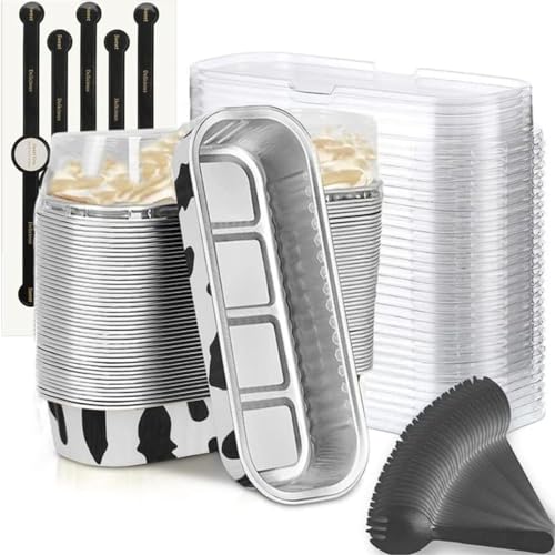 Findful Mini Loaf Baking Pans with Lids and Spoons (50 Pack, 6.8oz) Rectangle Aluminum Foil Baking Pans Tins Containers - Cupcake Containers Wrappers Cheesecake Creme Brulee Ramekins - color: Milk White