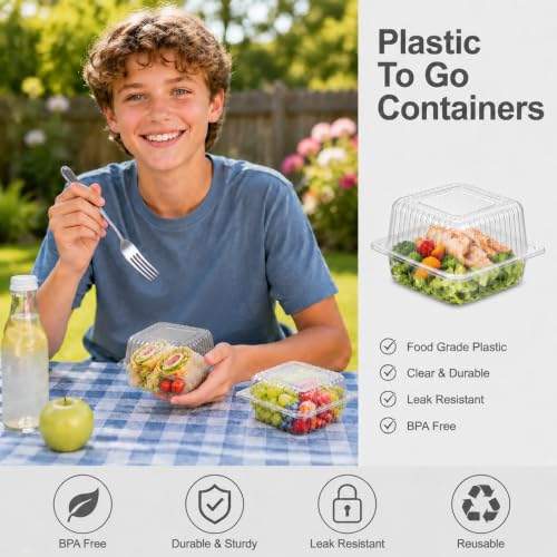 100Pcs Clamshell Food Containers with Hinged Lids, 5.3x4.7x2.8 in