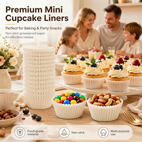 Non-stick 500 Count White Mini Cupcake Liners for Baking, Food-grade Cupcake Wrapper, Greaseproof Parchment Muffin Liners,Baking Cups for Cupcakes, Muffins, Nuts - color: White