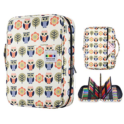 YOUSHARES Colored Pencil Case 220 Slots Pen Case Organizer With Handy Wrap & Zipper, Multilayer Holder for Prismacolor Colored Pencils & Gel Pen (Cartoon Owl) - color: Cartoon Owl
