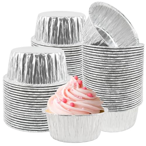 5 Oz Aluminum Foil Baking Cups 150 Pack, Disposable Ramekins Aluminum Cupcake Muffin Liners Silver Foil Baking Cups for Egg Tart, Baking, Cupcake, Pudding, Appetize - size: Silver-5OZ-150Pack