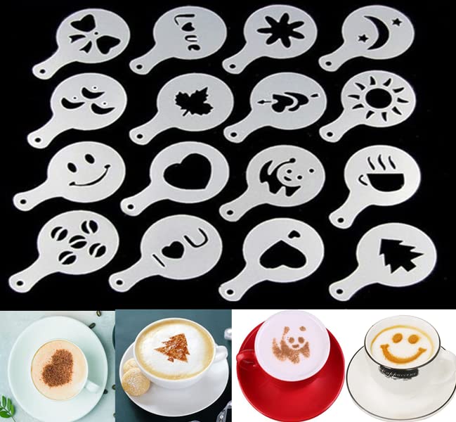 46 Coffee Stencils+2 Mesh Powder Shakers, Cake Baking Templates Coffee Decoration Stencils Coffee Art Template Coffee Mold Tool for Christmas Thanksgiving Cake Coffee Cappuccino - size: 46 Coffee Stencils + 2 Powder Shakers