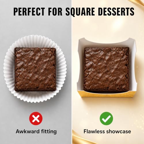 100 Pcs Square Cupcake Liners, Gold Paper Baking Cups for Muffin, Disposable Dessert Mousse Tray, Brownie Pastry Wrappers for Party Wedding
