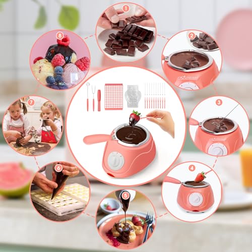 8.45oz Melting Fondue Pot, MINI Electric Chocolate Melting Set, Chocolate Fondue Fountain, Warmer Machine for Milk Chocolate, Cheese, Butter, Candy, Pink