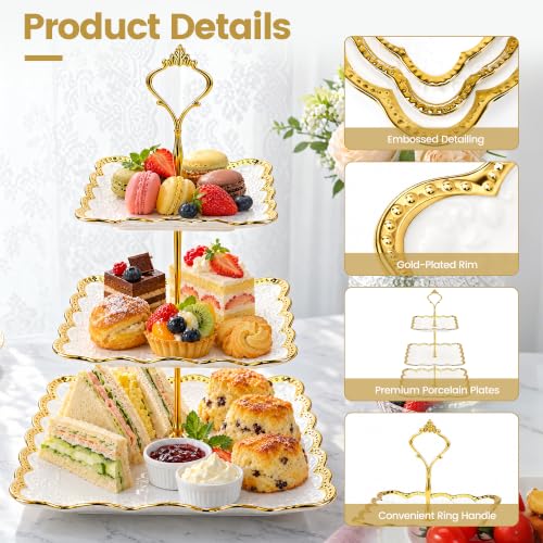 Kochorie 3 Tier Square Ceramic Cupcake Stand Gold Rim White Serving Tray - style: Square