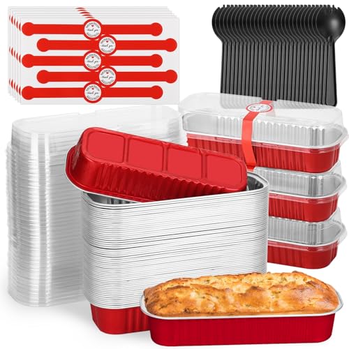 selizo 60 Pack 6.8oz Mini Loaf Baking Cake Pans with Lids, Rectangle Disposable Aluminum Foil Loaf Baking Pans, Small Baking Cake Tins Cup Cake Containers for Individual Cakes - color: Red