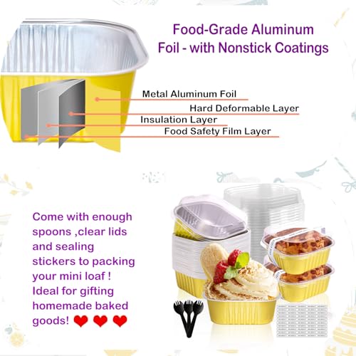 10oz Mini Cake Pans With Lids 50 Pack ,Mini Loaf Pans 4”x4” Cake Container - color: 10OZ-Gold 2