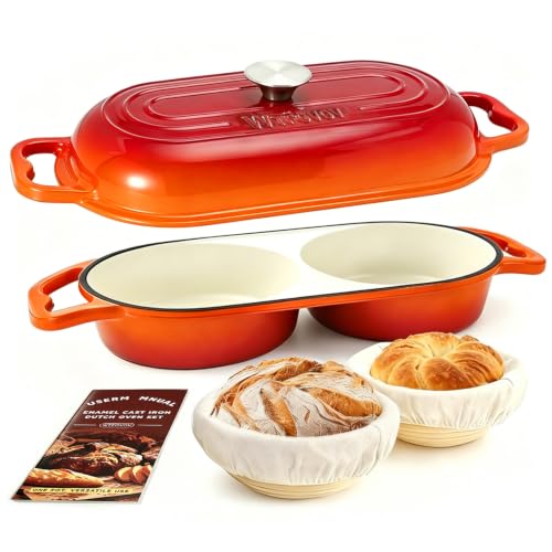 DIY Double Dutch Oven for Sourdough Bread Baking – Enamel Cast Iron Bread Baker with Lid, Bake Two Different Loaves at Once, 500°F Oven Safe, Includes 2×8" Banneton Proofing Baskets - color: Orage