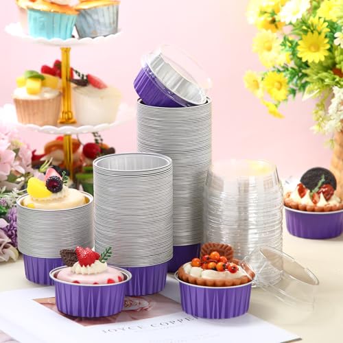 200 Pack Aluminum Cupcake Liners with Lids,Purple,Plain - color: Purple, style: Plain