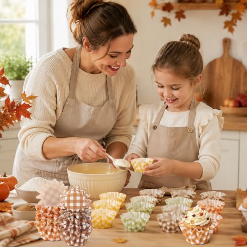 Fall Plaid Mini Size Cupcake Liners, Bulk Grease Resistant Baking Cups - color: Orange, Green
