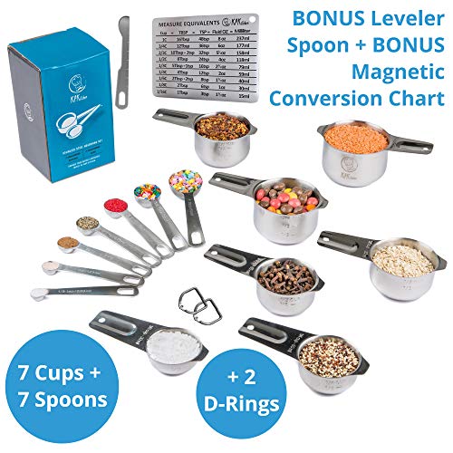 Measuring Cups and Spoons Set, 16-Piece Stainless Steel, Leveler & Chart