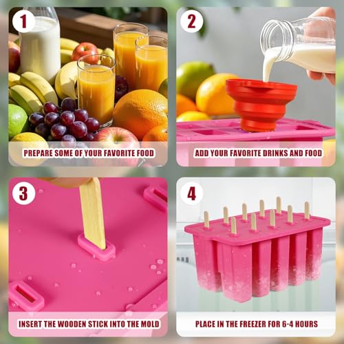 Homemade Popsicles Molds, Food Grade Popsicle Molds for Kids, 10 Cavity Non-BPA Silicone Ice Pop Maker, Reusable Silicone Popsicle Molds with 50 Stick, 50 Bags, Funnel (Pink) - color: #Pink