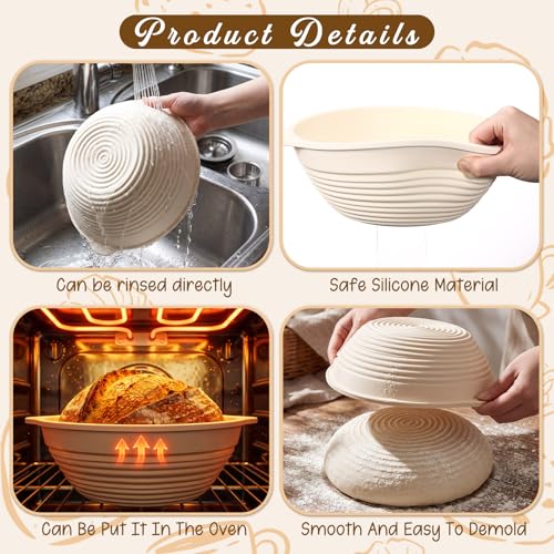 Fanfanwin 4 Pcs 10" Silicone Banneton Bread Proofing Baskets Foldable Beige