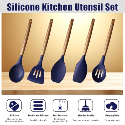 Non-Stick Silicone Kitchen Utensils Set with Natural Acacia Hard Wood Handle, 5 Piece, Midnight Blue, BPA Free, Baking & Serving Silicone Cooking Utensils - color: Midnight Blue