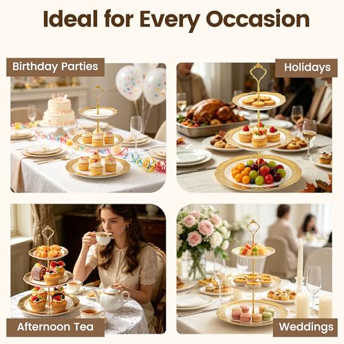 Kochorie 3 Tier Round Ceramic Cupcake Stand Gold Rim White Serving Tray - style: Round