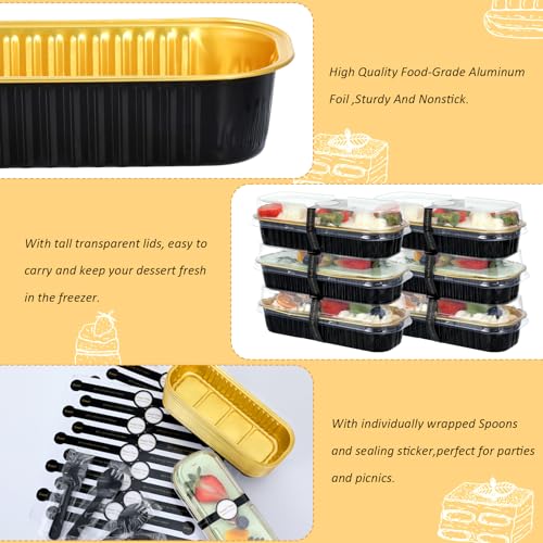 Mini Loaf Pans with Lids and Spoons (100 Pack, Black-gold, 6.8oz) Rectangular Aluminum Foil Baking Pans - color: Black-gold