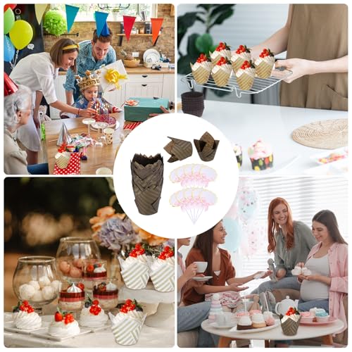 uxcell 50Pcs Tulip Cupcake Liners with 5Pcs Cheese Markers Muffins Liners - color: Brown