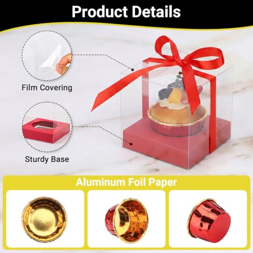 EUSOAR Cupcakes Boxes with Cupcake Cups, 50pcs 3.5 Inch Clear Cupcakes Holder and 50pcs 3.5oz Cupcakes Wrappers, Single Disposable Dessert Pastry Cupcakes Wrappers for Wedding Party Favor Bakery - color: Red