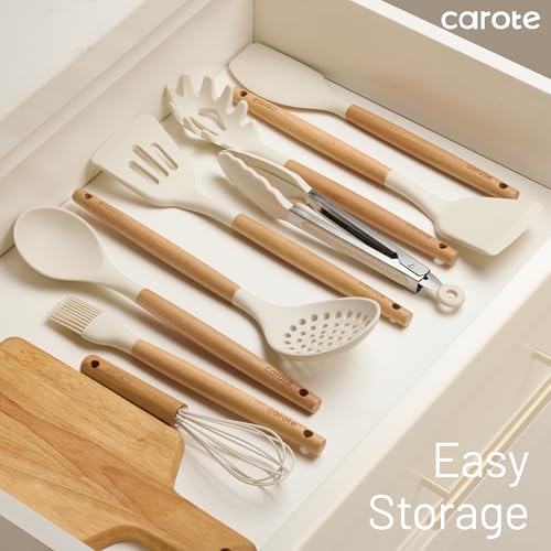 CAROTE 22-Piece Cooking Utensils Set with Wood Cool-Touch Handles, Cream - size: 22 PCS