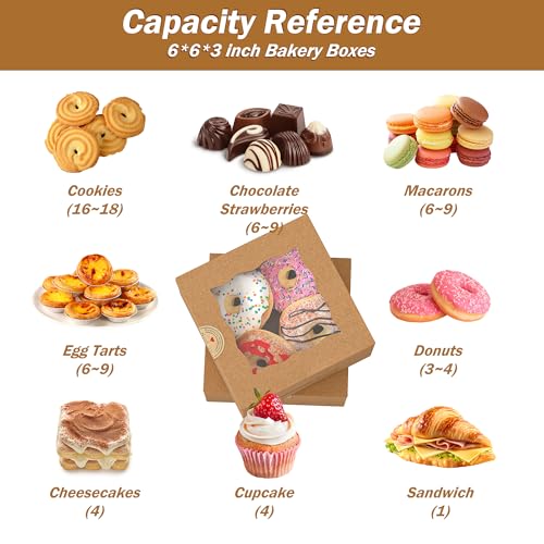 50Pcs 6x6x3 Inch Cookie Boxes with Window, Boxes for Baked Goods - size: Medium-Brown