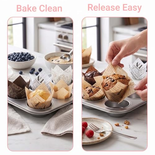 200 Pcs Newspaper Tulip Cupcake Liners for Baking, Newspaper and Stripe - color: Mix Color 2