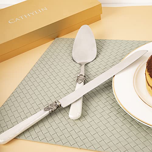 Wedding Cake Knife and Serve Set, Fancy Hand Craft Italian Style Design, Pearl Pie Knife Server Set, Vintage Silverware,Cake Cutter Set, Cake Knife Gift Set, 2 pcs (White) - color: White