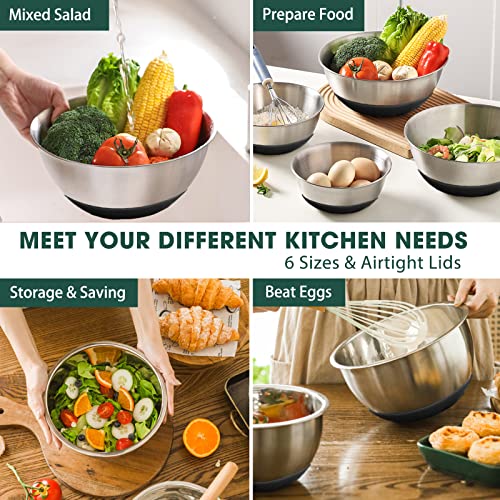 Umite Chef Mixing Bowls with Airtight Lids，6 piece Stainless Steel Metal Nesting Storage Bowls, Non-Slip Bottoms Size 7, 3.5, 2.5, 2.0,1.5, 1QT, Great for Mixing & Serving(Black) - color: Black