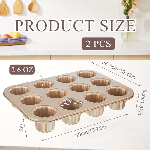 FoldTier 2 Pcs Canele Mold Cake Pan 12 Cavity Cannoli Tubes Molds Non-stick Canele Muffin Bakeware Cupcake Pan French Custard Canele Cake Traditional Pastry Baking Molds for Oven Baking