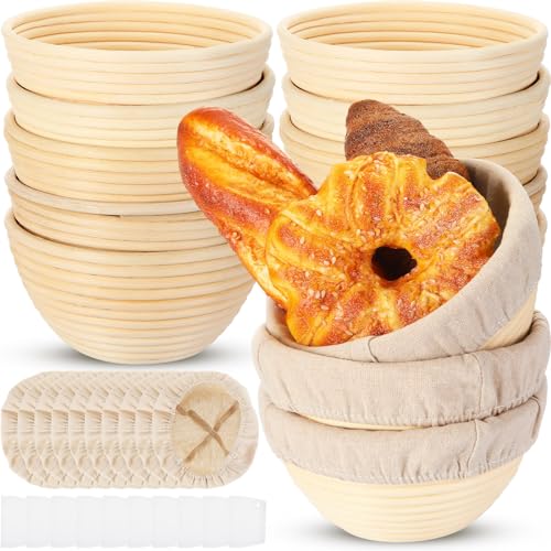 Irenare 10 Pcs Bread Banneton Proofing Basket Round Dough Sourdough Proofing Basket Rattan Bakery Baking Bread Bowl with Liner and Scraper Tool Set for Starter Gifts Professional Home Bakers (7 Inch) - size: 7 Inch