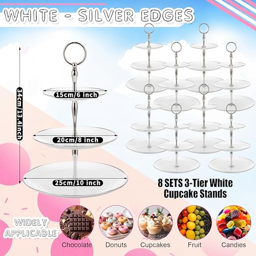 Teenyyou 8 Pack 3 Tier Plastic Cupcake Stand Bulk, Silver White, Round - color: Silver White, style: Round