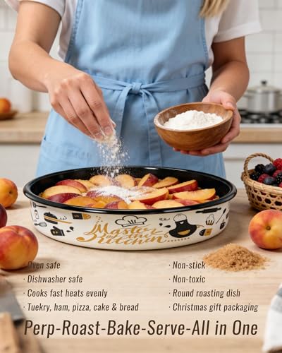 Round Turkey Roasting Pans Set of 4, Enamel Cake Baking Pan for Oven - color: Creamy White Printed Pattern