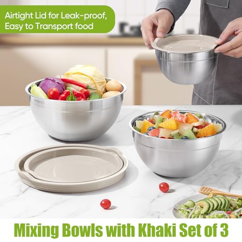 P&P CHEF Stainless Steel Mixing Bowls with Airtight Lids, Khaki - color: Khaki, style: Airtight Lids