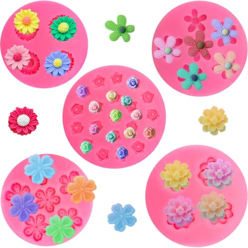 5Pcs Rose Flower Silicone Candy Mold, Mini Daisy Fondant Chocolate Silicone Molds for Cake Decorating, Small Polymer Clay Molds Resin Mold for Baking Soap Ice Cube Wax Melt - color: Rose Flower Mold