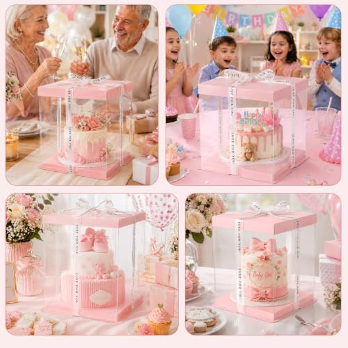 12x12x10inch 8Pcs Tall Cake Boxes Clear Display Gift Boxes with Ribbon,Lid for 10" and 11" Inch Tall Layer Tiered Cakes and Bakery Display Birthday Wedding Party. (Pink, 12*12*10inch/8pcs) - color: Pink, size: 12*12*10 inch/8 pcs