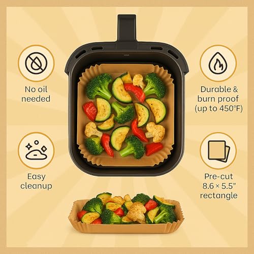 Mindful Design Air Fryer Paper Liners,125Pcs Parchment Paper, Air Fryer Disposable Liner for Microwave, Non-Stick Liners Rectangle Free of Bleach (8.5x5.5IN) - size: Rectangle 8.5"x5.5"