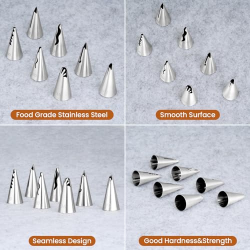 Kasmoire 7Pcs Pleated Skirt Piping Tips Set,Stainless Steel Ruffle Piping Nozzles Icing Tips Set with 10Pcs Disposable Piping Bags For Pastry Cupcakes,Cakes Cookies Decorating