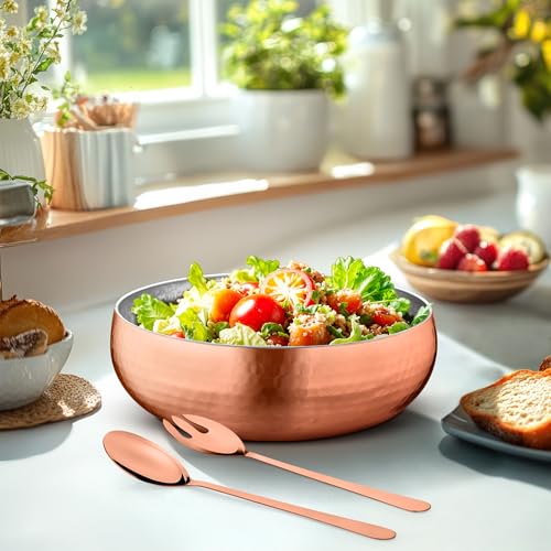 Avador® Set of 3 Premium Stainless Steel Salad Mixing Bowl Hammered Finish | Handmade | Includes Salad Serving Utensils (Rose Gold) - color: Rose Gold