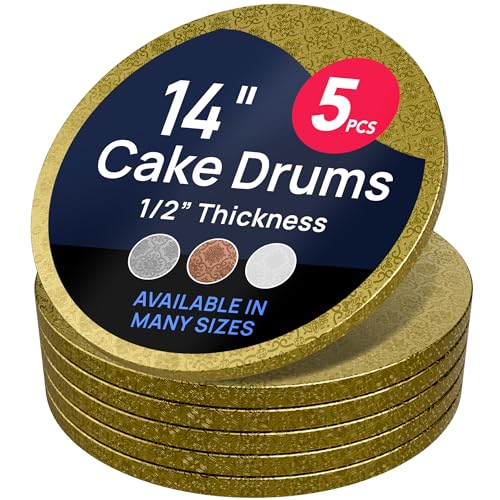 O’Creme Cake Board, Gold Foil Round Cake Circles with Gorgeous Design, Sturdy & Durable 1/2” Thick Cake Drums, Round Cake Boards with 14” Diameter, Pack of 5 Disposable Cake Drums - color: Gold, size: 14"