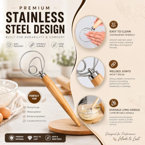 Sourdough Whisk, 13 Inch Danish Dough Whisk with Wooden Handle - Stainless Steel Dough Whisk for Bread, Pizza Dough, Pastry, Batters & Sourdough Starter