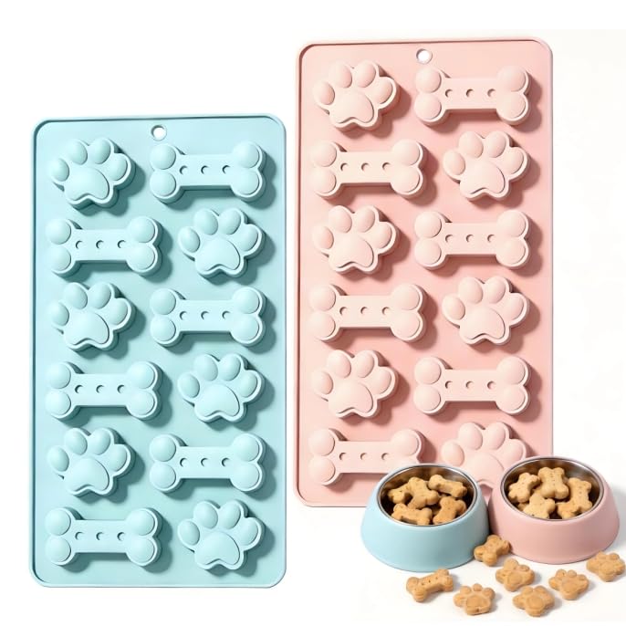 2Pack Dog Treat Molds Silicone, 24 Cavity Puppy Paw & Bone Shaped - color: Pink+Blue
