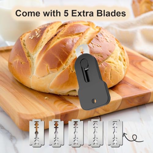 Magnetic Retractable Bread Lame Dough Scoring Tool with Stainless Steel Blade, Automatic Retraction, Instant Adhesion to Fridge, Includes 5 Replaceable Razors for Sourdough, Baguette, Pastry Crafting