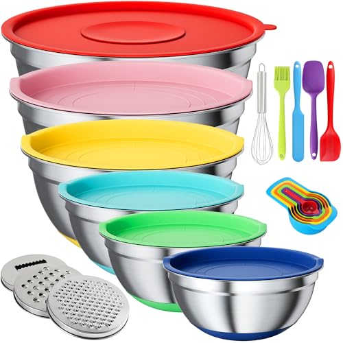 ENVTEK Stainless Steel Mixing Bowls Set with Lids,Silicone Bottoms,Colorful - color: Colorful
