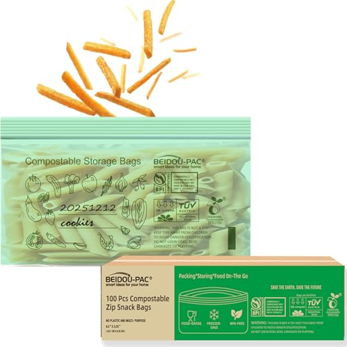 BEIDOU-PAC Compostable Snack Storage Zip Bags, 100 Count | 2 Mil | 6.5 IN x 3.25 IN, Freshness Easy Open Biodegradable Eco-Friendly Reclosable Compost Zipper Bags for Food On the Go - style: Zip | snack 100 count