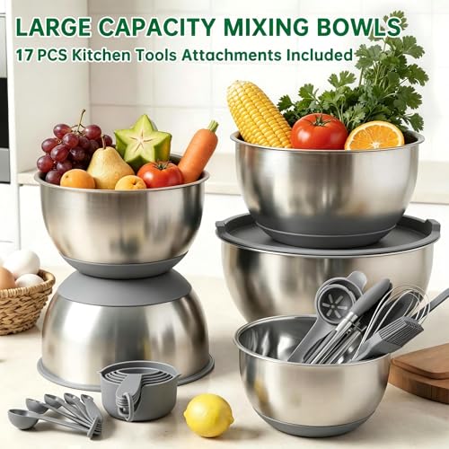 Deedro Mixing Bowls with Airtight Lids, Stainless Steel Mixing Bowls Set - color: Gray
