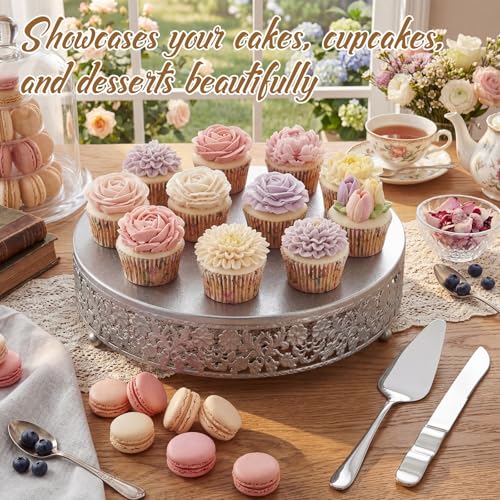 Wenqik 12 Inch Silver Cake Stand Set Metal Round Cupcake Dessert Stand with Cake Cutting, Flower Spatula Wedding Cupcake Pastry Display Candy Holder Display for Wedding Party Birthday Baby Shower - color: Silver, size: 12 Inch