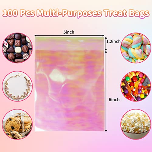 Cookie Bags with Seal 100 Pcs 5x6 In Iridescent Holographic Self Sealing Cellophane Treat Bags Pink Resealable Individual Cookie Bag for Gift Giving Valentine Candy Packaging Goodie Wrappers - color: pink 100, size: 5"x6"