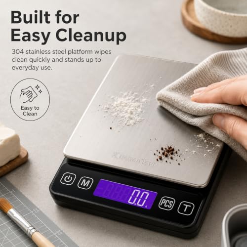 KitchenTour Digital Kitchen Gram Scale - 3000g/0.1g - High Accuracy Precision Food Scale with 9 Units(g/oz/ml/lb/lb:oz/gn/ozt/DWT/ct) - Meat Scale with Back-Lit LCD Display(Batteries Included) - size: 3000g/0.1g (Pack of 1)