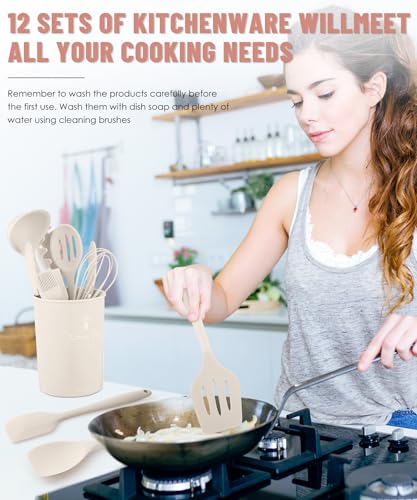 Khaki Kitchen Utensils Set-12 Pieces Silicone Cooking Utensils Set - color: Khaki