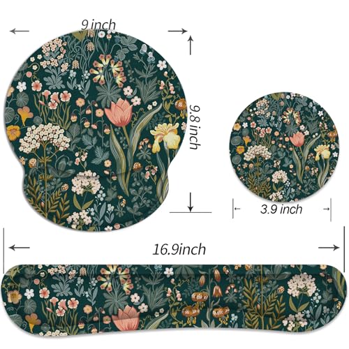 Ergonomic Mouse Pad with Wrist Rest and Keyboard Wrist Rest, Mousepad - color: Green Flowers